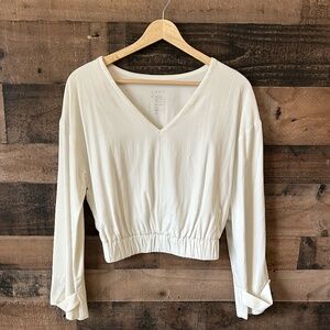ADAY Chill Out Top Cream Small | Soft Stretch V-Neck Cropped Minimalist Blouse